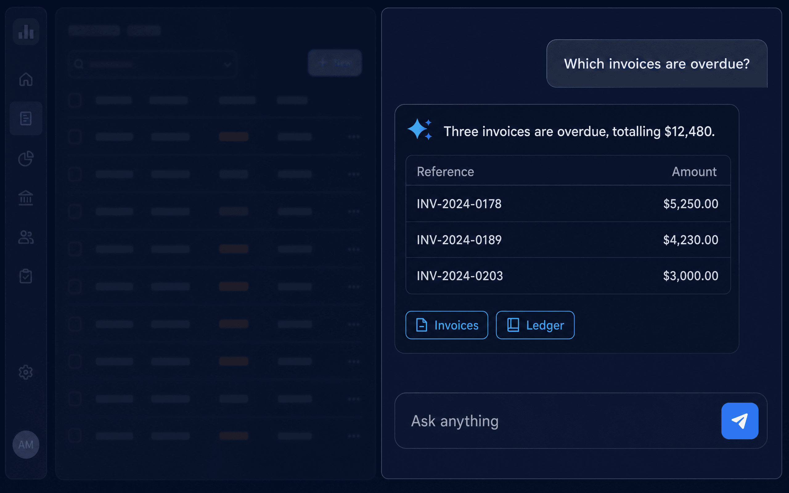In-product AI assistant answering a question with a cited table over a dimmed app