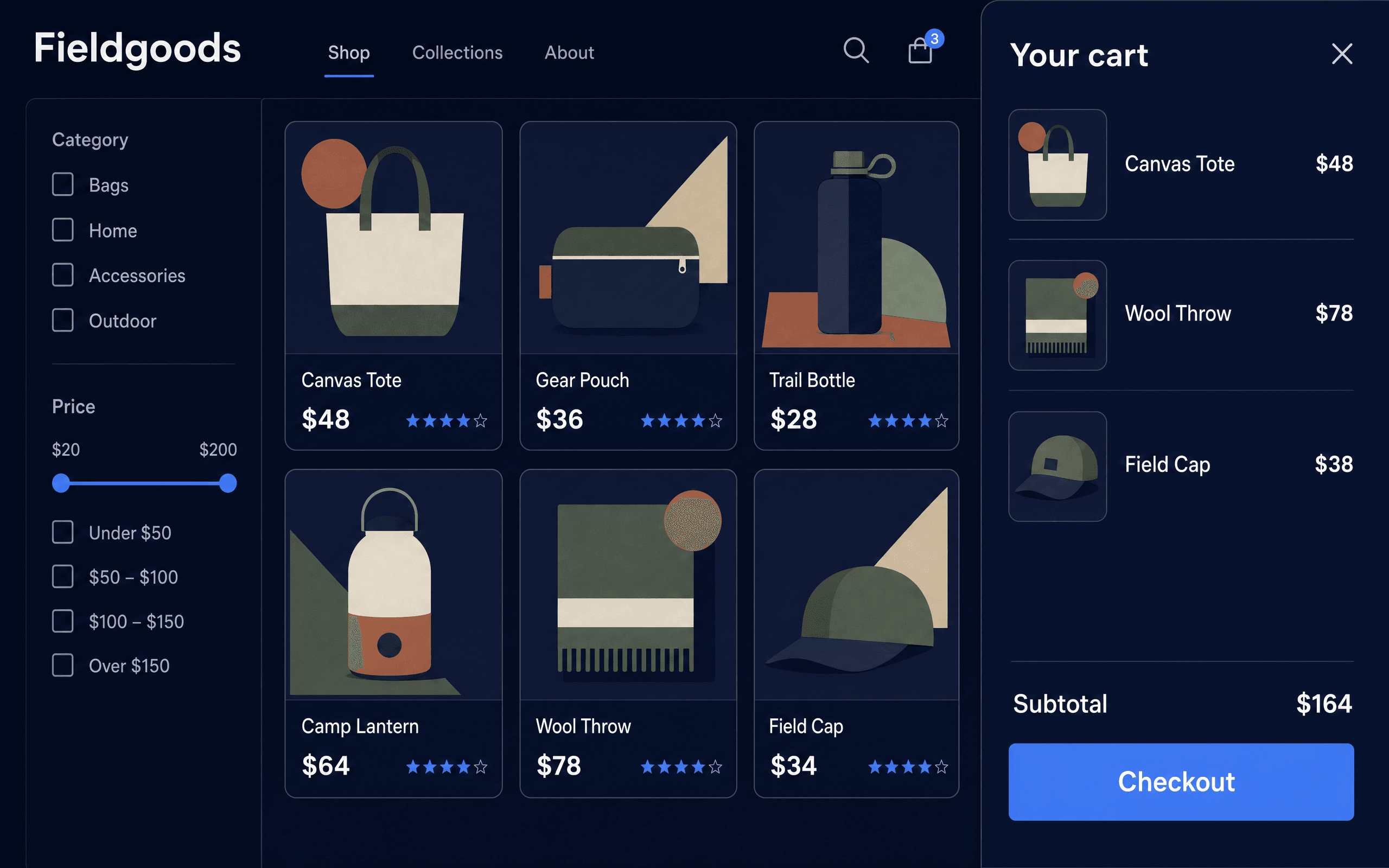 Online storefront with a product grid, filter column and an open cart drawer