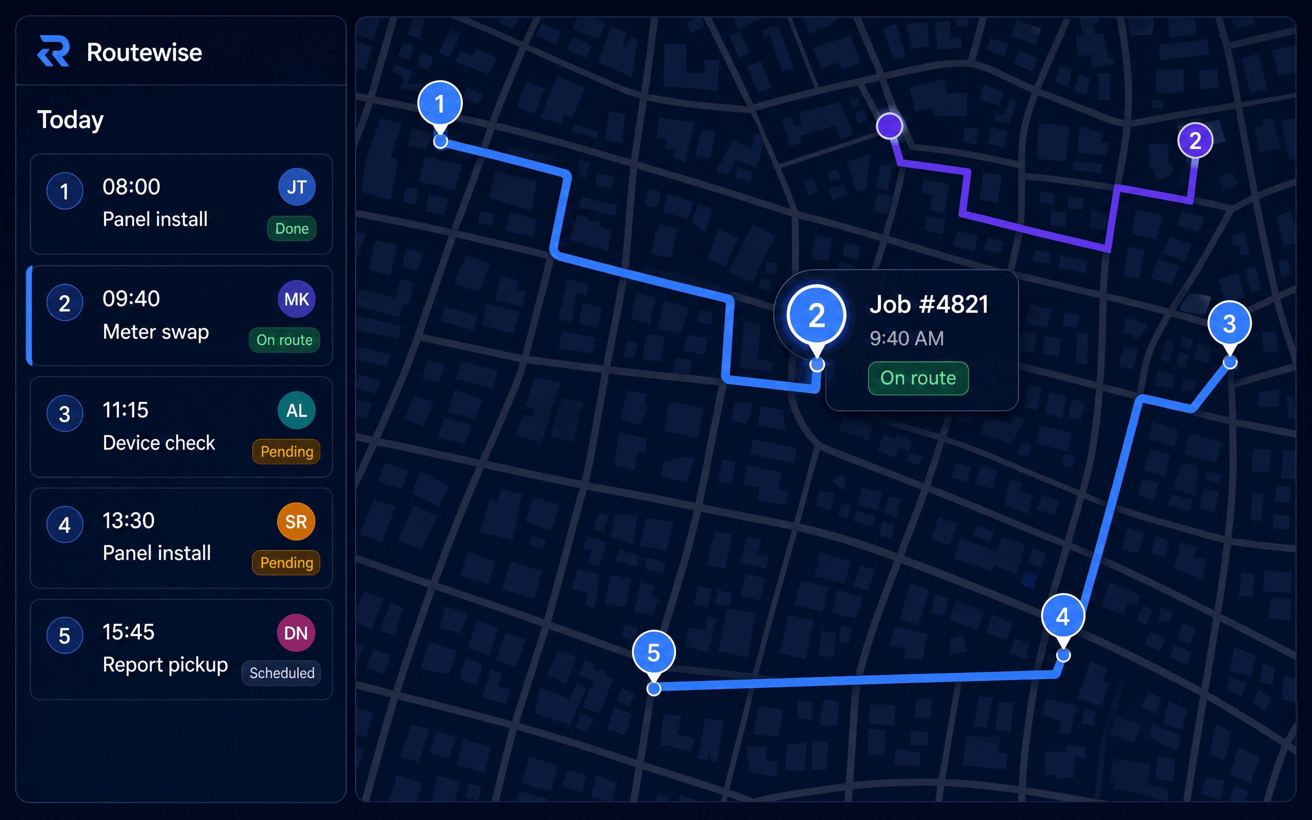 Dispatch map with a routed job path, numbered pins and a scheduled job list