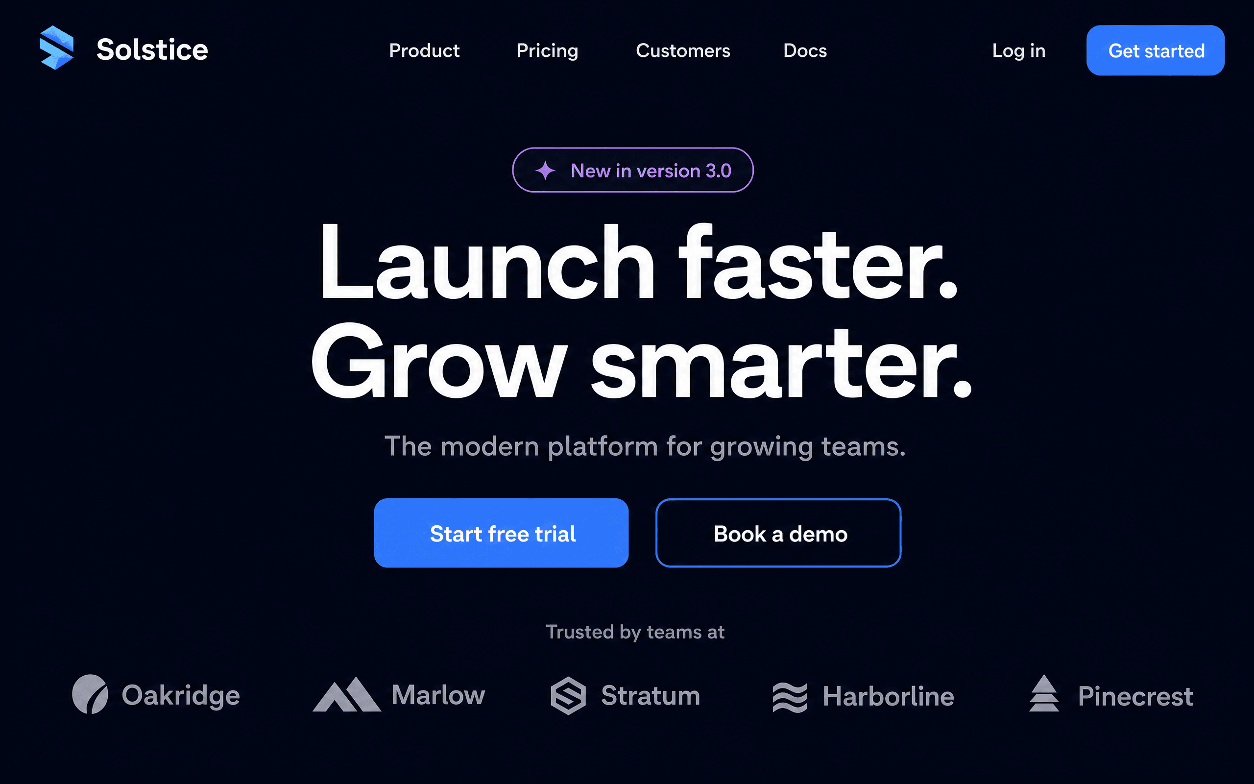 Dark SaaS marketing homepage with a large headline, call-to-action buttons and a logo row