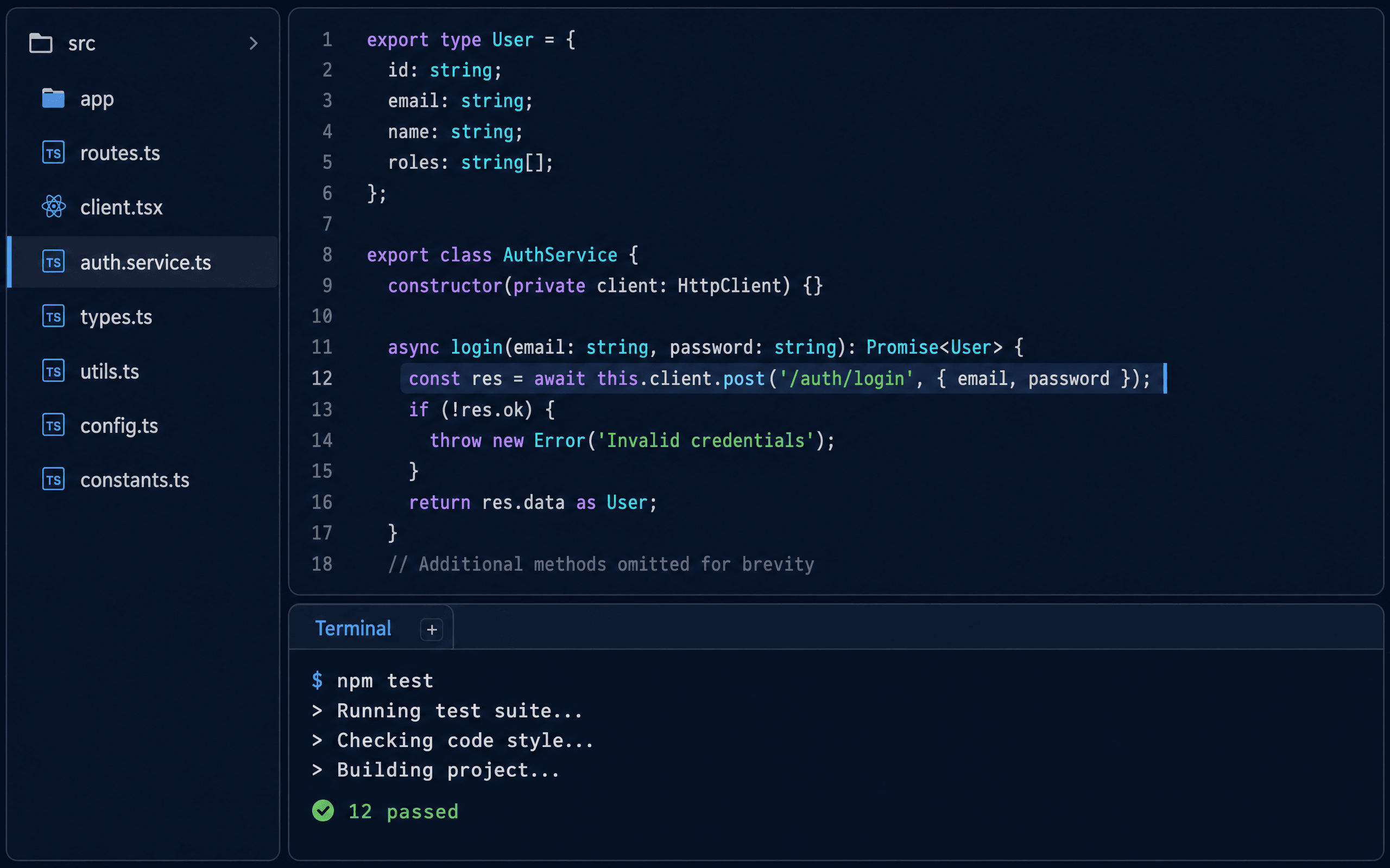Code editor with a file tree, syntax-highlighted source and a terminal showing passing tests